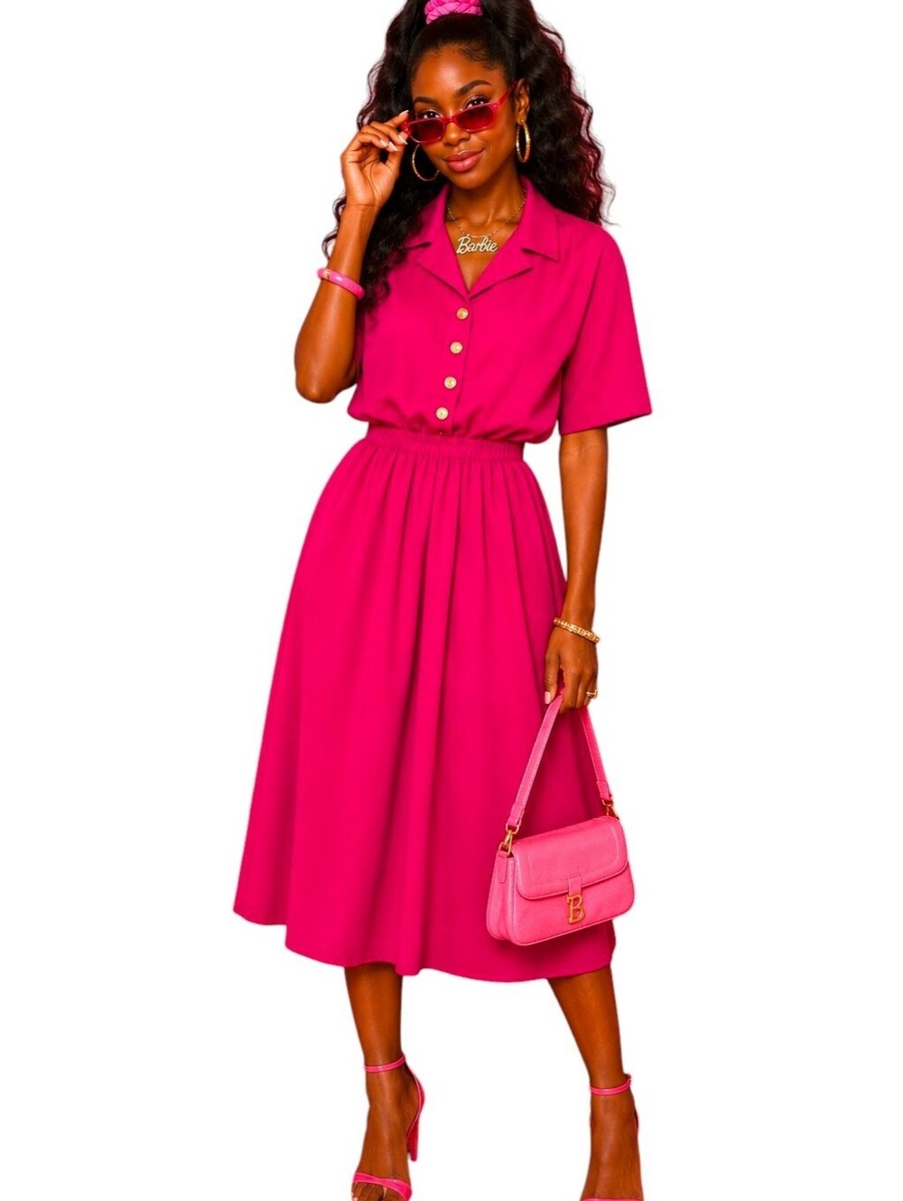 Willow Ridge Vintage 90s Short Sleeve Button Midi Dress - Fuschia - Size 12